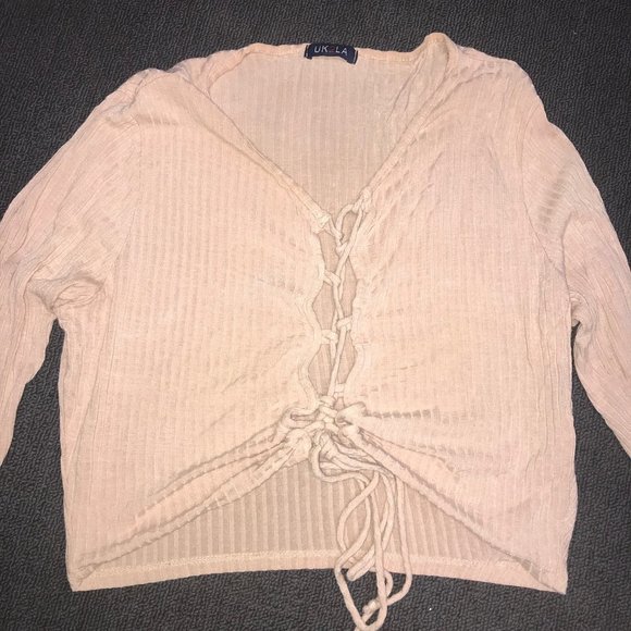 UK2LA Medium Pink / Cream 3/4 Sleeve Top Ties Up - Picture 2 of 5